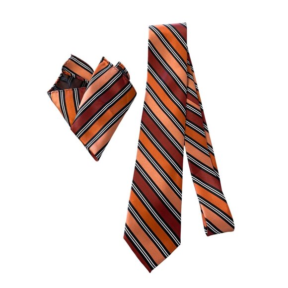 Pierre Cardin Tie & Pocket Square Set Striped Orange Red Black Polyester - Picture 1 of 6